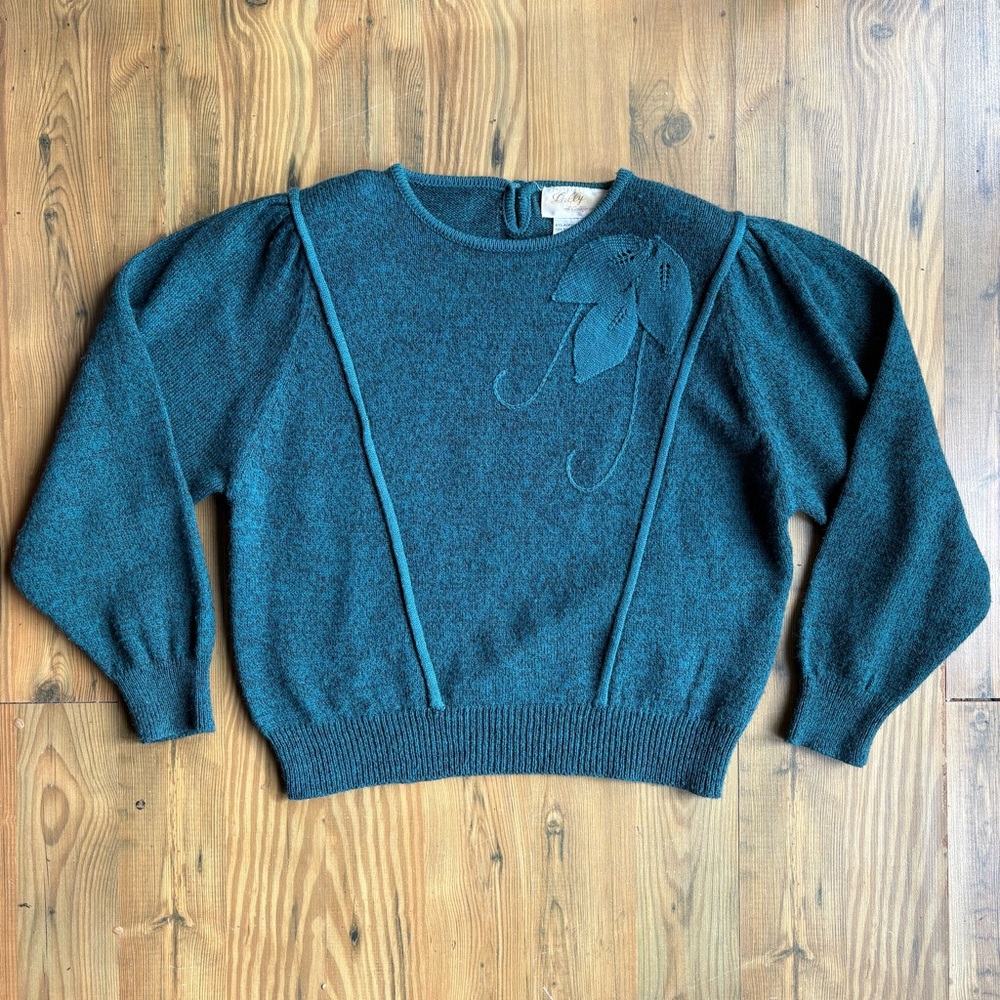 Vintage Teal Sweater with Leaf Detail Sz L
